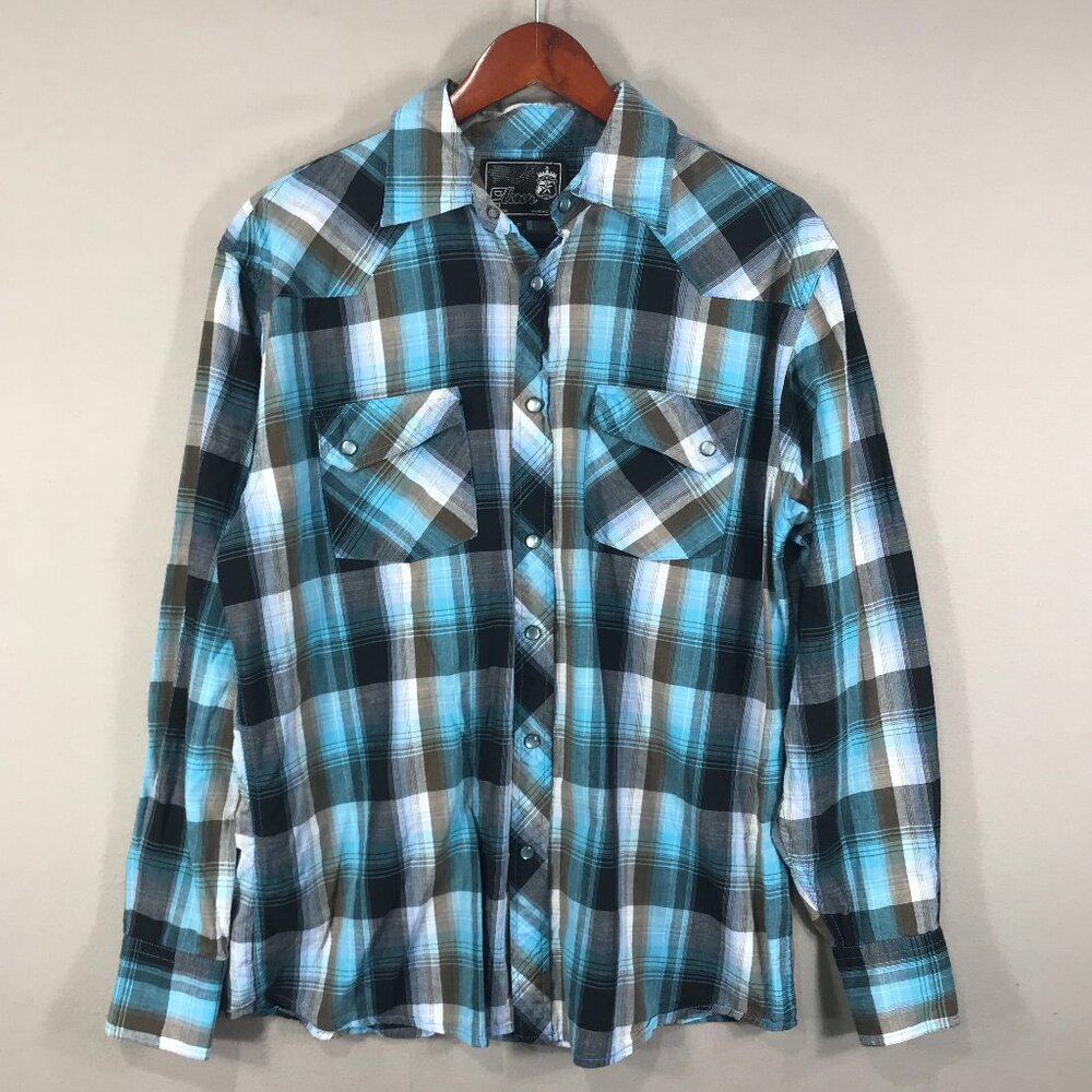 Elixir Shirt Men's Medium Blue Plaid Snap Button Down Long Sleeve Western Cowboy